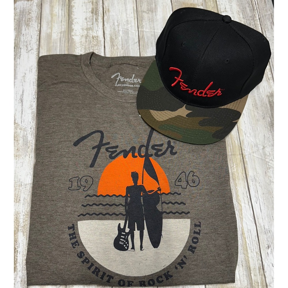 Fender Sunset Spirit Olive Graphic T-Shirt & Hat Bundle - Rock 'n' Roll